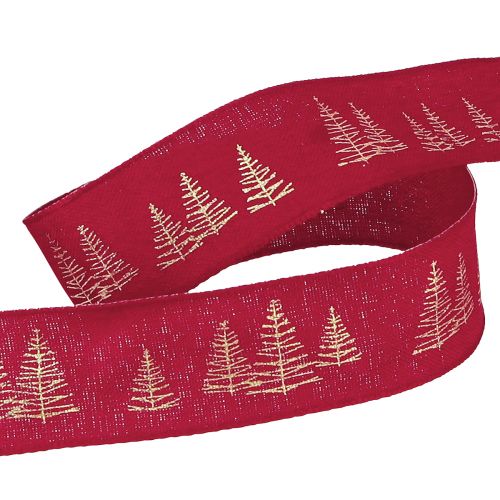 Floristik24 Nastro decorativo natalizio in rosso con motivi dorati di alberi di Natale, larghezza 25 mm, lunghezza 15 m