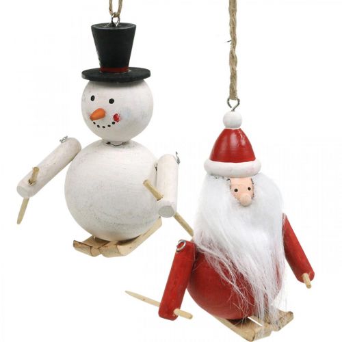 Decorazioni per albero di Natale in legno Babbo Natale e pupazzo di neve 11cm set di 2