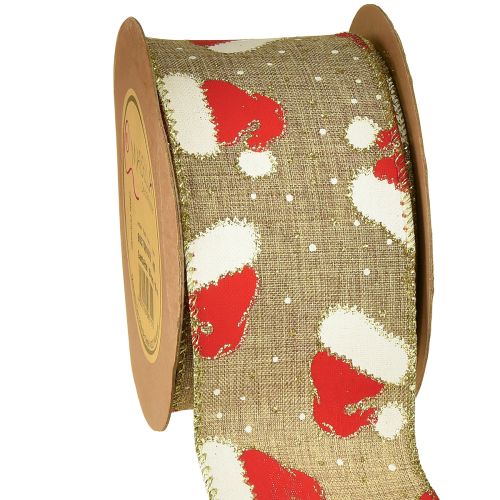 Nastro natalizio con cappelli di Babbo Natale, marrone, 60 mm, 10 m