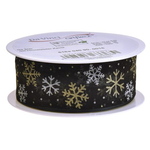 Prodotto Nastro natalizio fiocchi di neve in organza nero oro 40mm 15m
