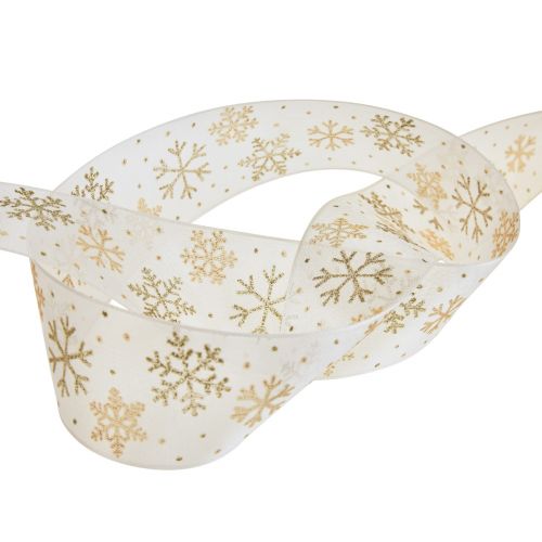 Prodotto Nastro natalizio fiocchi di neve in organza bianco oro 40mm 15m