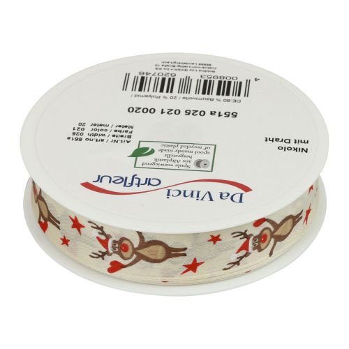 Floristik24 Nastro natalizio nastro regalo crema renna Natale 25mm 20m