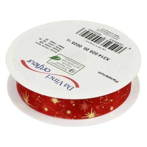 Floristik24 Nastro natalizio, organza motivo stella rossa 25mm 25m