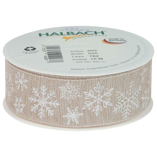 Floristik24 Nastro natalizio fiocco di neve nastro regalo beige 35 mm 15 m
