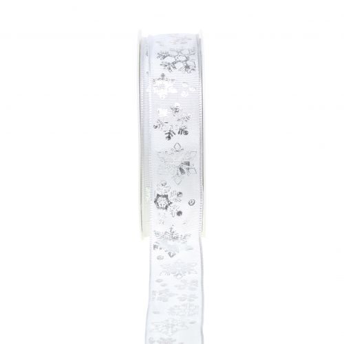 Floristik24 Nastro natalizio bianco con fiocco di neve argento 25mm 20m