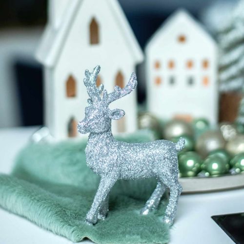 Floristik24 Decorazione natalizia cervo argento / glitter poliresina H12.5cm
