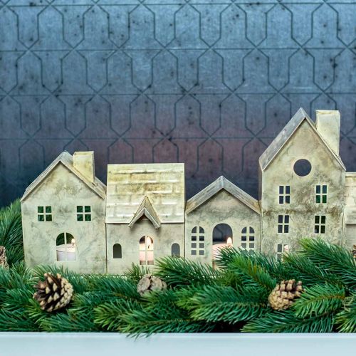 Floristik24 Diorama natalizio, decorazione in metallo con illuminazione, case luminose dorate, aspetto vintage L67,5cm H20cm