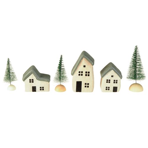 Villaggio di Natale casette in legno abeti verdi e bianchi 5-8 cm set da 6