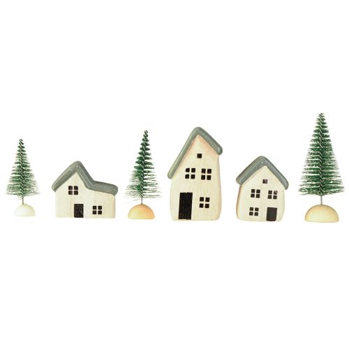 Prodotto Villaggio di Natale casette in legno abeti verdi e bianchi 5-8 cm set da 6