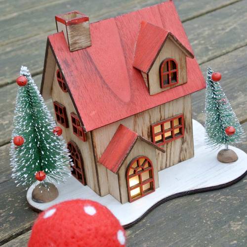Floristik24 Casa di Natale con illuminazione a LED naturale, legno rosso 20 × 15 × 15 cm