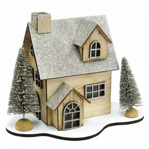 Casa natalizia con illuminazione a LED natura, legno glitterato 20 × 17 × 15 cm