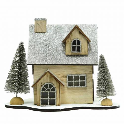Floristik24 Casa natalizia con illuminazione a LED natura, legno glitterato 20 × 17 × 15 cm