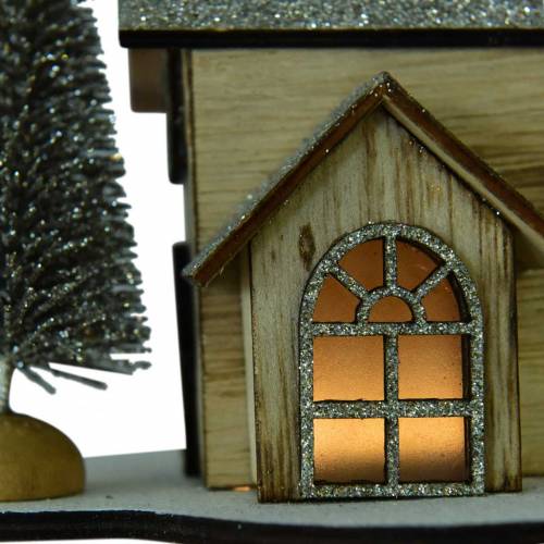 Floristik24 Casa natalizia con illuminazione a LED natura, legno glitterato 20 × 17 × 15 cm