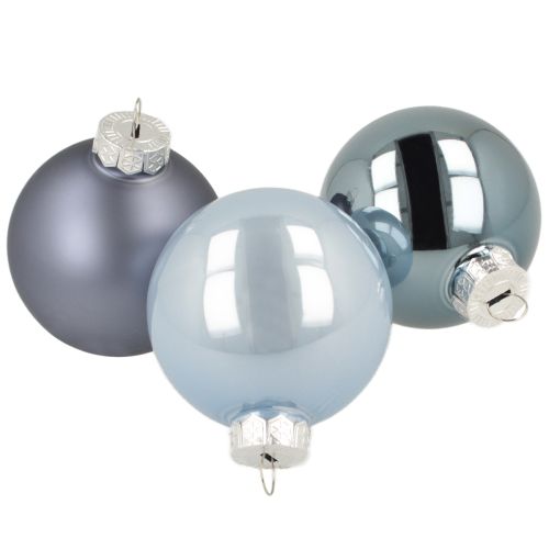 Set di 3 palline di Natale in vetro: azzurro, blu, blu metallizzato e opaco con gancio 6 cm, 24 pezzi