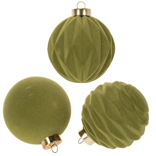 Palline per albero di Natale, effetto velluto, verdi, mix di texture, 8 cm, 12 pezzi. Palline di Natale, verde muschio floccato, palline di plastica, verde muschio floccato. Cordoncini di cotone inclusi per ogni pallina.