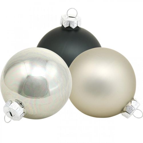 Floristik24 Bauble, addobbi per l&#39;albero di Natale, pallina di Natale nero/argento/madreperla H8.5cm Ø7.5cm vero vetro 12 pezzi