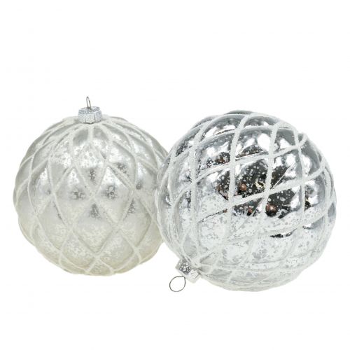 Palle di Natale con motivo a rombi argento opaco, lucido Ø8cm 2pz