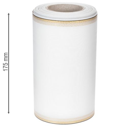 Prodotto Nastro a ghirlanda in moiré bianco con bordo di perle dorate, 175 mm - Elegante nastro per decorazioni e composizioni floreali.