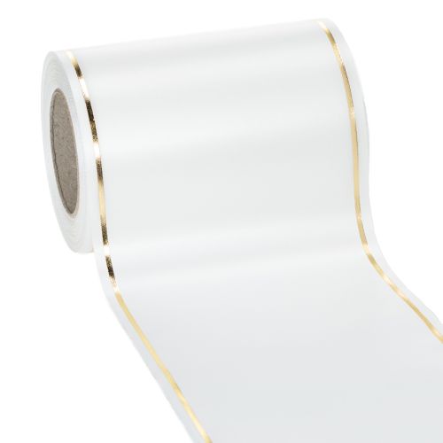 Floristik24 Nastro bianco per ghirlanda con bordo dorato per stampa digitale, nastro di raso, impermeabile, 25 m x 125 mm