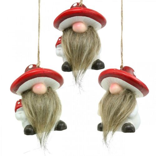 Pixies decorativi in ceramica da appendere con cappello a fungo rosso, bianco H8cm 4pz