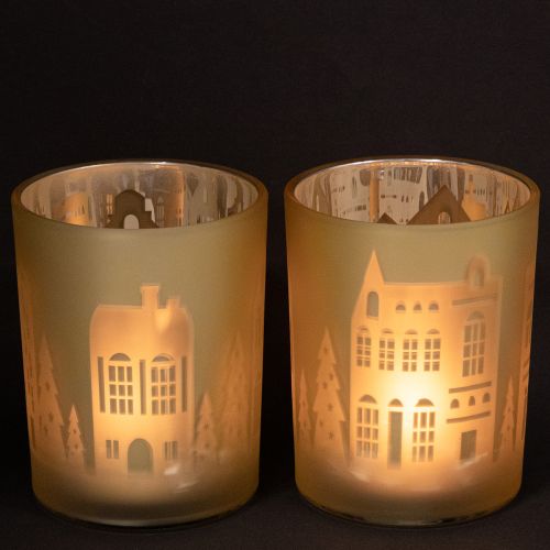 Prodotto Lanterna in vetro argento oro silhouette città H12,5cm 4 pezzi