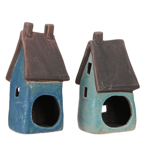 Floristik24 Lanterna casa in ceramica blu marrone H15,5/17,5 cm 2 pz