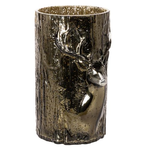 Portacandele in vetro con decorazioni a rilievo raffiguranti testa di cervo e albero, decorazione invernale, 26 cm