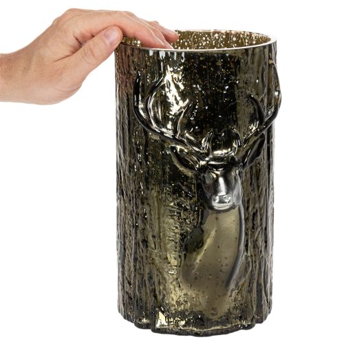 Portacandele in vetro con decorazioni a rilievo raffiguranti testa di cervo e albero, decorazione invernale, 26 cm | Floristik24.it