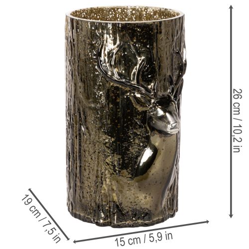 Portacandele in vetro con decorazioni a rilievo raffiguranti testa di cervo e albero, decorazione invernale, 26 cm | Floristik24.it