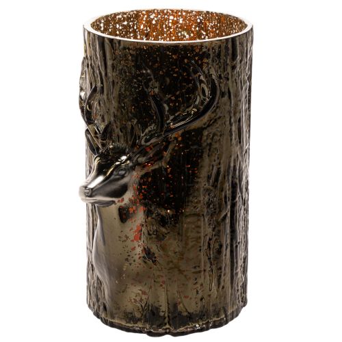 Portacandele in vetro con decorazioni a rilievo raffiguranti testa di cervo e albero, decorazione invernale, 26 cm | Floristik24.it