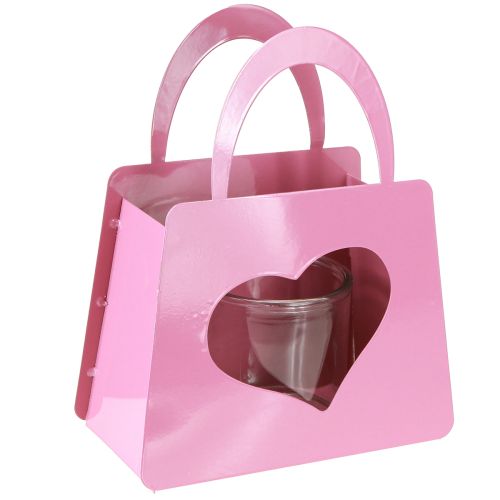 Floristik24 Lanterna in metallo con inserto in vetro a forma di cuore rosa H26cm