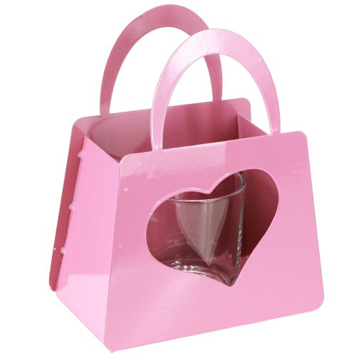 Lanterna in metallo con inserto in vetro sacchetto rosa H18cm 2pz