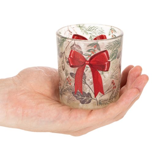 Portacandele votivo in vetro con rami natalizi e nastro rosso, 8 cm, 2 pezzi | Floristik24.it