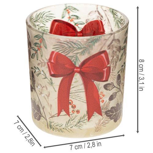 Portacandele votivo in vetro con rami natalizi e nastro rosso, 8 cm, 2 pezzi | Floristik24.it