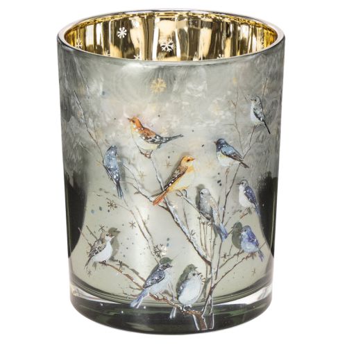Portacandele con uccellini, design invernale, lucido, 12 cm