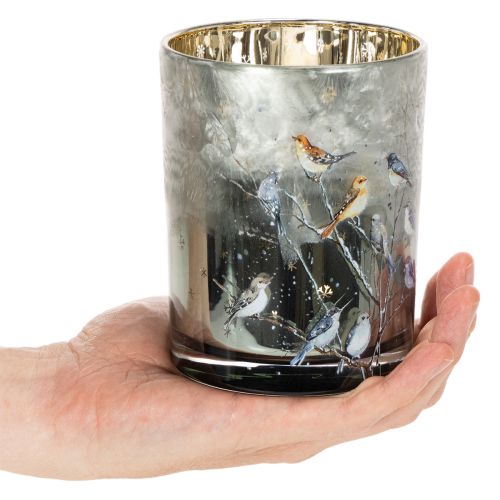 Portacandele con uccellini, design invernale, lucido, 12 cm | Floristik24.it