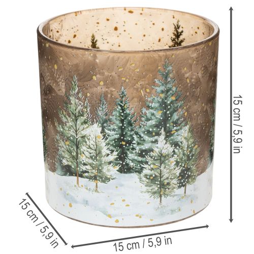 Portacandele in vetro con decorazione a tema foresta di abeti, ideale per l'inverno, 15 cm. | Floristik24.it