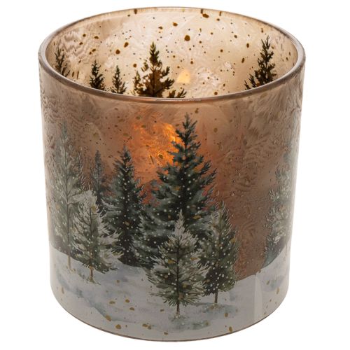 Portacandele in vetro con decorazione a tema foresta di abeti, ideale per l'inverno, 15 cm. | Floristik24.it