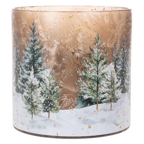 Portacandele in vetro con motivo foresta invernale innevata, decorazione natalizia, 20 cm | Floristik24.it