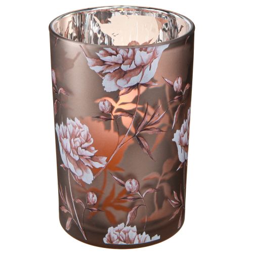 Prodotto Lanterna in vetro marrone argento rosa peonie H18cm