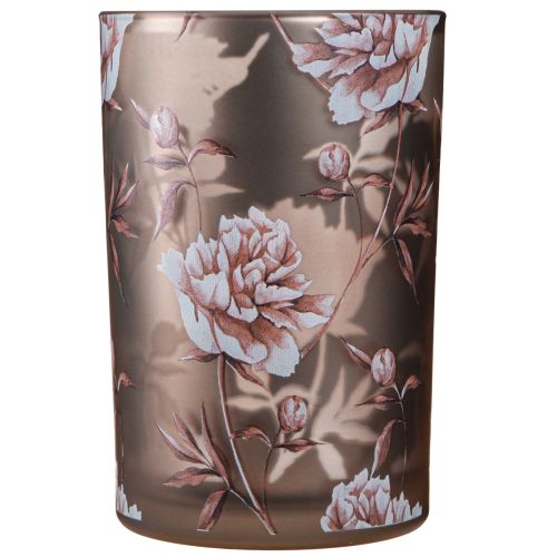 Prodotto Lanterna in vetro marrone argento rosa peonie H18cm