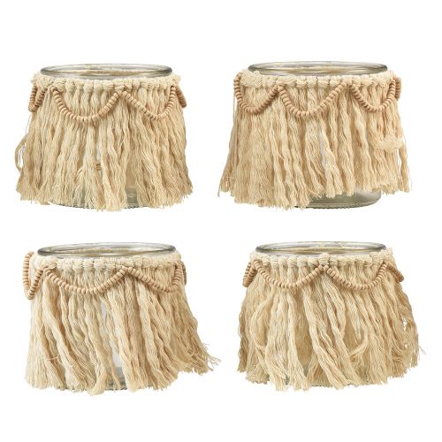 Prodotto Lanterna in vetro con frange macramè crema Boho Ø9,5 cm 4 pezzi