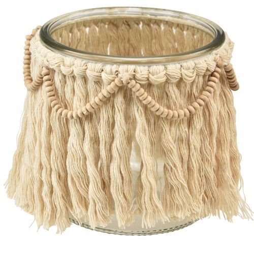 Prodotto Lanterna in vetro con frange macramè crema Boho Ø9,5 cm 4 pezzi