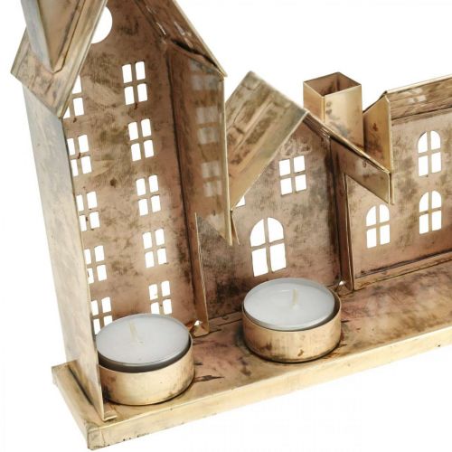 Floristik24 Diorama natalizio, decorazione in metallo con illuminazione, case luminose dorate, aspetto vintage L67,5cm H20cm