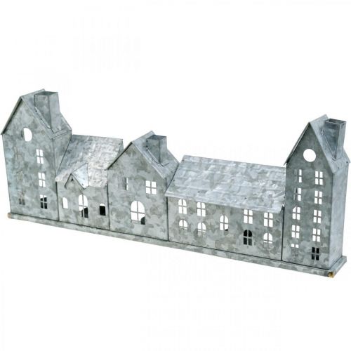 Fila di case, decorazione in metallo per illuminazione, decorazione dell'Avvento, lanterna argentata L52cm H20cm | Floristik24.it