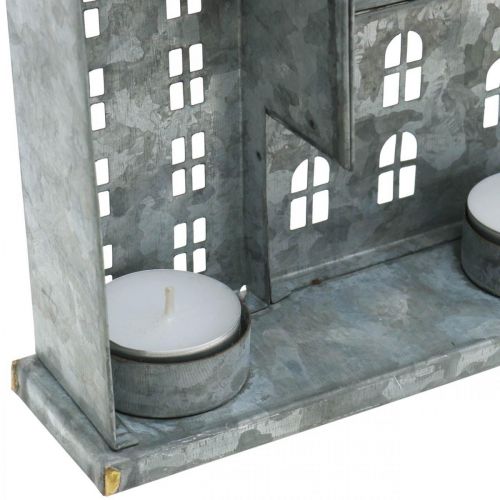 Floristik24 Fila di case, decorazione in metallo per illuminazione, decorazione dell'Avvento, lanterna argento L52cm H20cm