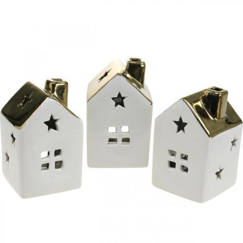 Floristik24 Lanterna casa faro in ceramica per tealight bianco, oro 10cm 3 pezzi