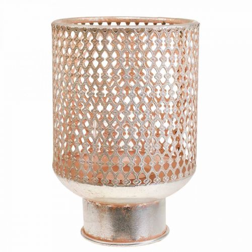Lanterna portacandele in metallo vetro argento rosa Ø18cm H27cm