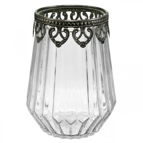 Floristik24 Lanterna vintage, candela in vetro con decoro in metallo Ø11,5cm H15cm