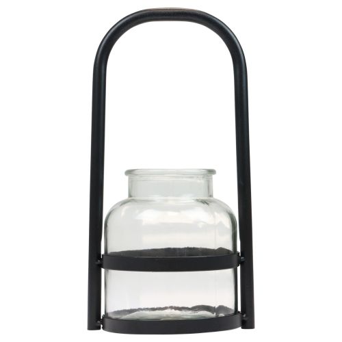 Lanterna metallo decorazione vetro nero manico trasparente Ø14,5cm